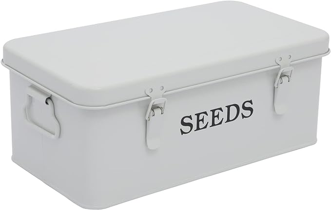 Seed Saving Box, Metal Seed Bin, Seed Storage Organizer, Seed Packet Container with Lid, Seed Envelope Storage Box, 4 Compartments Garden Seed Bin with Safety Locks-White