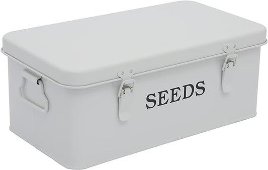 Seed Saving Box, Metal Seed Bin, Seed Storage Organizer, Seed Packet Container with Lid, Seed Envelope Storage Box, 4 Compartments Garden Seed Bin with Safety Locks-White