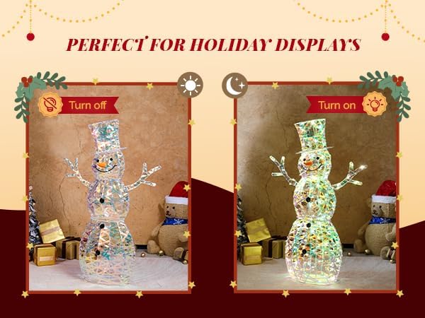 VINGLI 4FT Lighted Iridescent Snowman Christmas Yard Decorations, Prelit 100 Warm White LED Tinsel Snowman, Collapsible Indoor Outdoor Lawn Garden Front Porch Patio Xmas Holiday Decor Display
