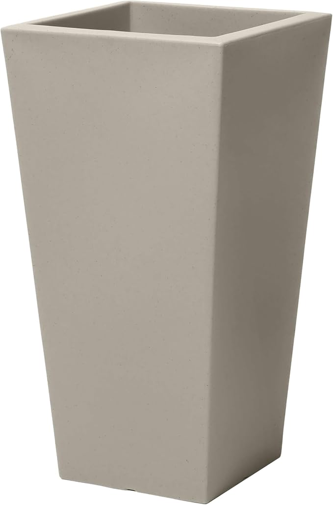 Step2 Tremont Tall Square Tapered Planter, Large Planters for Outdoor Plants, Gardening and Flower Pot for Patio or Porch, Efficient Drainage, Durable Plastic, Concrete, 1-Pack