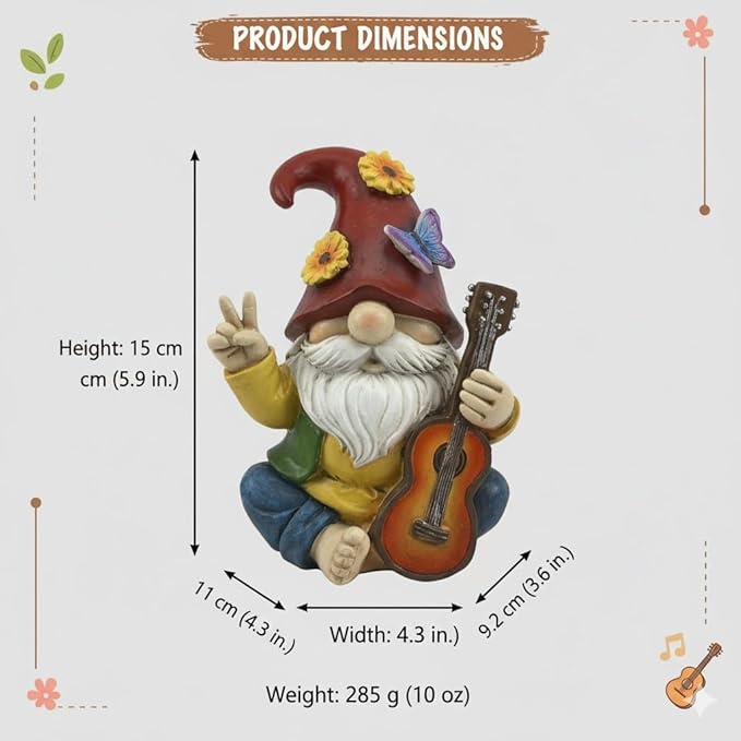 Peace Sign Garden Gnome Figurine Outdoor Statue, Funny Guitar Playing Dwarf Rock Music Decor - 6‘’ Resin Lawn Ornament, Unique Housewarming Gift for Music Lovers & Gardeners (Red)