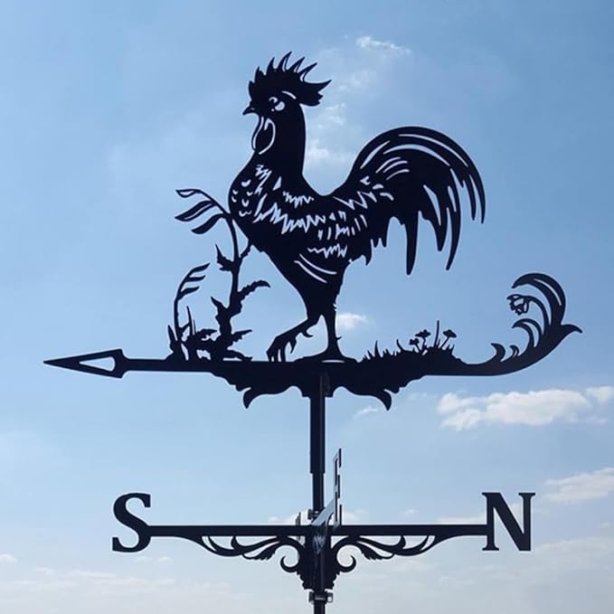 Rooster Weathervane Silhouette Art Black Metal Cock Wind Vanes Indicator Kit Outdoor Bracket for Garden Roof Yard Building (D)