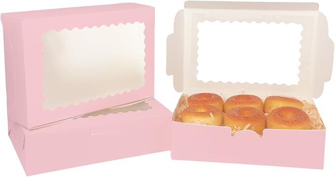 qiqee 50Pcs Pink Cookie Box with Window 9x6x2.5 inch Pastry Macaron Bakery Box For Packaging