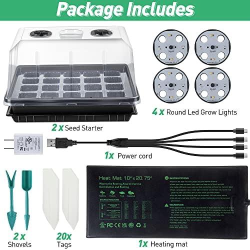 2 Pack Seed Starter Kit with Grow Lights and Heating Mat, 2 Set 40 Cell Indoor Seedling Starter Kit with Higher Humidity Domes and Tray, Seed Starter Tray for Greenhouse, Germination
