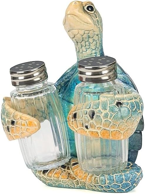 Decorative Blue Sea Turtle Salt and Pepper Shaker Holder, Coastal Kitchen Decor (Blueturtle)