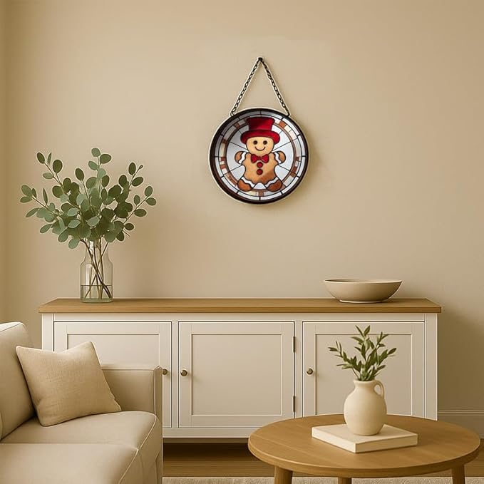 Stained Glass Window Hanging – 6.3 in Gingerbread Man Panel with Chain， Bathroom Front Door Living Room Garden Decor， Christmas for Mom Wife Lovers