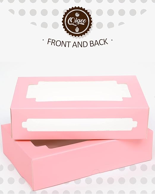 qiqee 50Packs Auto-pop Pink Cookie Boxes for Gift Giving 8x5.3x2 inch One Second Folding Pink Bakery Box with Window Treat Box for Donuts Candies and Biscuit