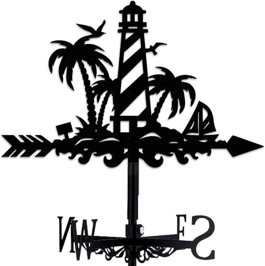 Lighthouse Weathervane Metal Wind Vane Shorelines Palm Tree Garden Decoration Direction Indicator Stake Mount Ornament for Farmhouse Yard Roof Outdoor