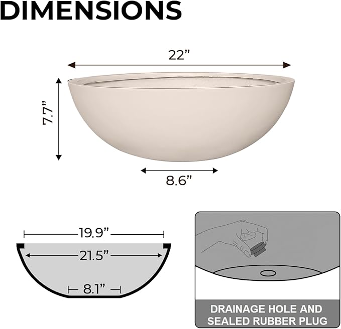 7.7" H x 22" D Round Bowl Fiberstone Planter for Succulent and Lotus - Christmas Tree Planter, Weather Resistant for Indoor & Outdoor Use, 2 Extra Coco Mats (Kilim Beige, 19.9" Pot Opening)