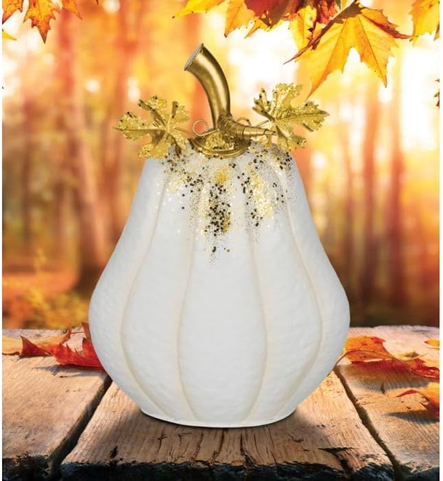 Regal Art & Gift Gilded Pumpkin Indoor/Outdoor Statue for Fall and Harvest Décor, Halloween Decorations | Metal Seasonal Accent for Porch, Patio, Garden, or Indoor Display | White