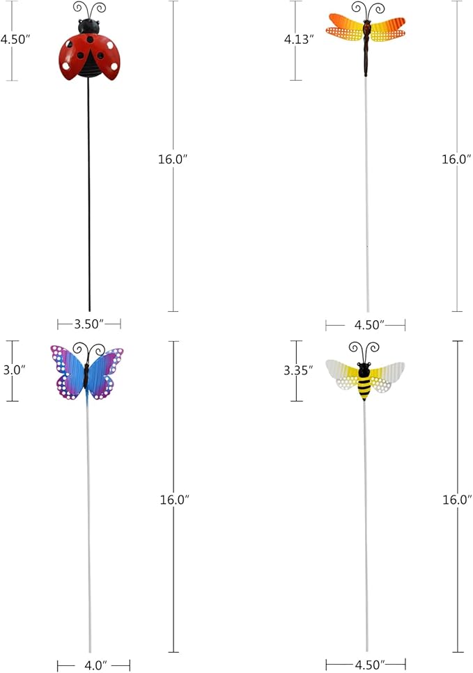 Veclotch 4Pcs Metal Insects Garden Stakes, 16"" H Rustic Butterfly, Bee, Dragonfly, Ladybug Stake, Decorative Spring Outdoor Garden Decor Planter Flower Pot Metal Stick for Patio,Lawn,Yard,Pathway