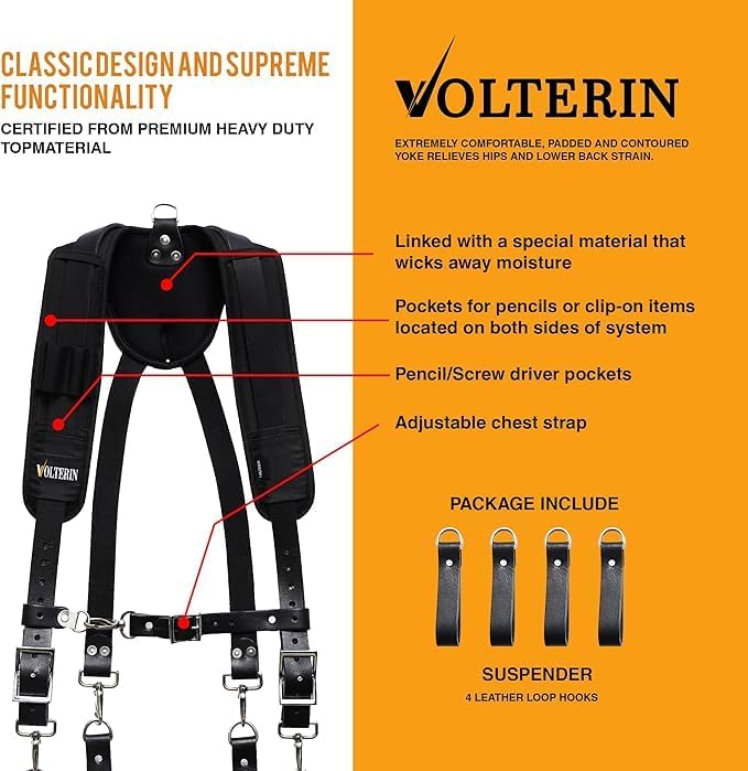 Falcon Gears Leather Tool Belt Suspenders Heavy-Duty Adjustable Harness with Padded Support, 4 Rig Loops, Front Hook for Work
