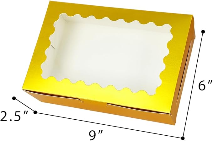 qiqee 50Pcs Gold Cookie Box with Window 9x6x2.5 inch Pastry Macaron Bakery Box For Packaging