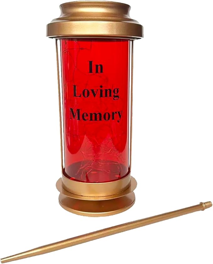 Gold Metal & Red Acrylic Outdoor Solar Candle Holders, Decorative Candle Lanterns with Long Ground Stake, Fall Solar Lights Outdoor Cemetery Lights for Grave, Grave Decorations for Cemetery