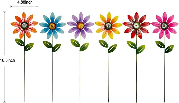 Metal Garden Flower Stakes, Outdoor Yard Art Decorations, 16.5 inch Height, Set of 6 Colorful Daisies (Angular Petals)