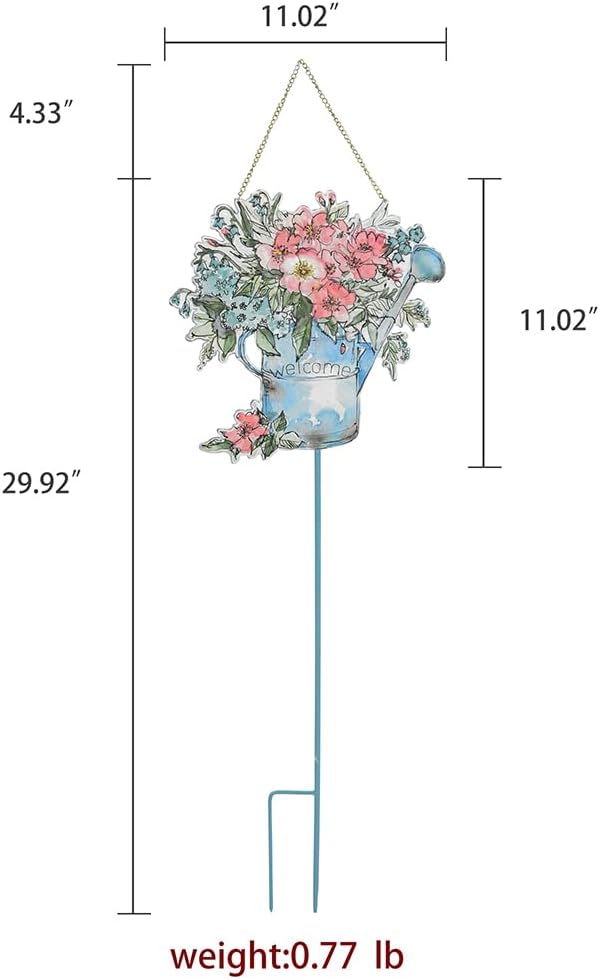 All Chic Garden Decor for Outside, 29” Decorative Garden Stakes Metal Embossed Watering Can with Flowers for Spring Decor, Yard Art Stakes for Outdoor Lawn Backyard Porch Pathway Decorations