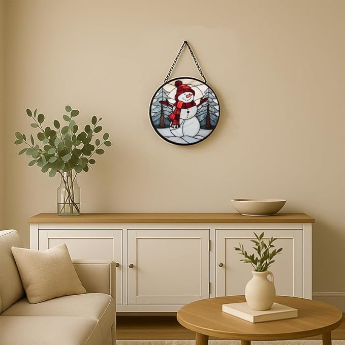 Stained Glass Window Hanging – 6.3 in Snowman Panel with Chain， Bathroom Front Door Living Room Garden Winter Christmas Decor， Gift for Mom Wife Lovers