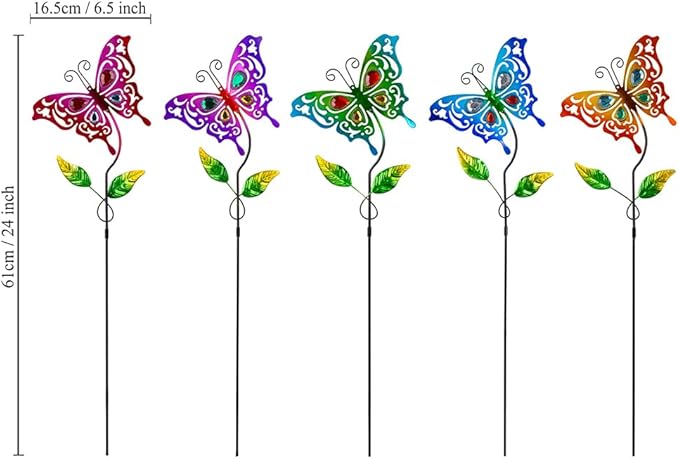 Butterfly Garden Decor for Outside,Colourful Butterfly Decorations Garden Kit 5 Pcs with Gems,Metal Yard Art Outdoor Garden Stakes Decorative Patio Home Decor
