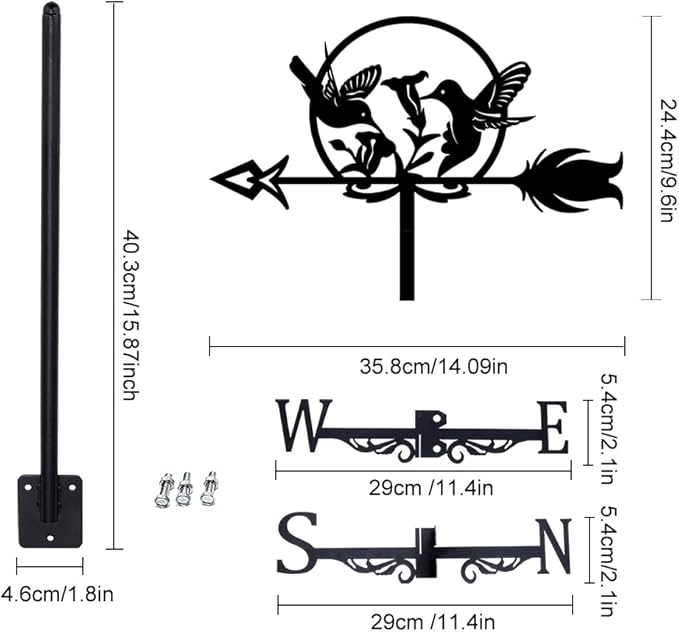 SUPERDANT Hummingbird Weather Vane Wrought Iron Wind Vane Flowers Garden Weathervane Wind Direction Indicator for Outdoor Roof Yard Decoration