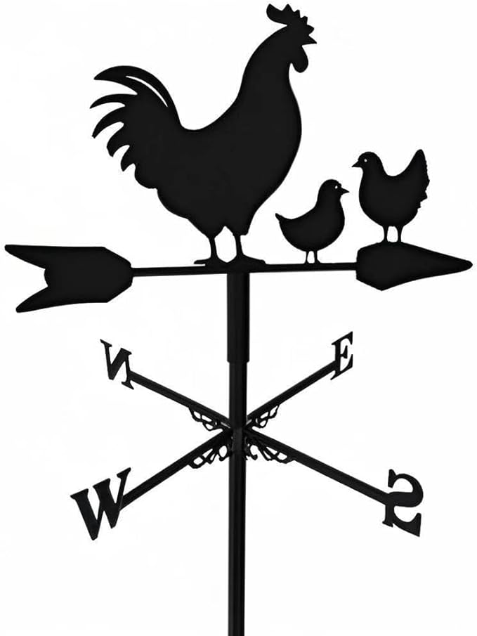 Rooster Weathervane Silhouette Art Black Metal Cock Wind Vanes Indicator Kit Outdoor Bracket for Garden Roof Yard Building (K)