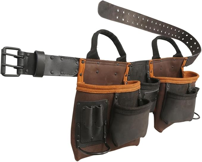 Widebrown Leather Tool Belt, 11 Pockets, Dark Brown, Metal Buckle Closure,(28-54) Inch Waist