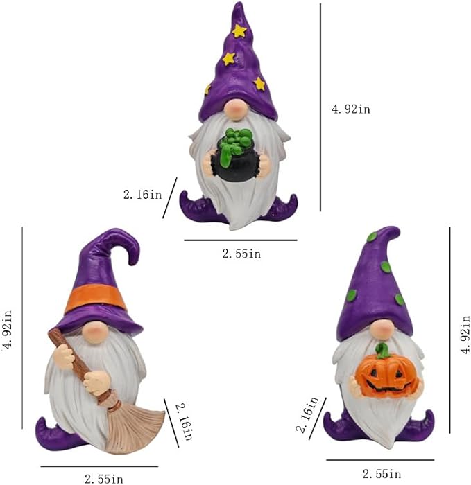 Purple Wizard Witch Gnomes Set of 3 - Mini Resin Figurines for Tiered Tray, Mantel and Gothic Home Decor Storybook Charm Gothic Gnomes Collection