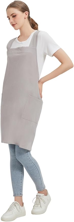 Cotton Linen Apron Cross Back Baking Cooking Gardening Apron for Women with Pockets Pinafore Dress
