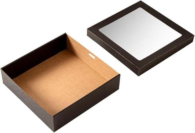 Restaurantware Cater Tek 9 x 9 x 2.4 Inch Baked Goods Boxes 10 Greaseproof Pastry Boxes - Window Lids Insert Tab Lock Black Paper Catering Boxes Easy Assembly For Charcuterie Or Cupcakes