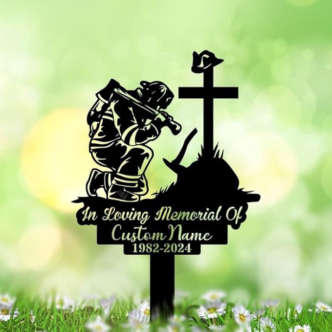 Personalized Fireman Memorial Metal Stake – Custom Firefighter Plaque with Stake, Firefighter Grave Marker, Cemetery Stakes Decor (Fireman Kneeling Memorial)