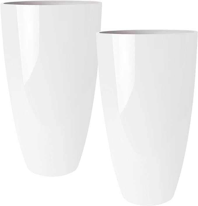 RUBBER BOND Plant Pots 2 Pack - Modern Indoor/Outdoor Planters for Home Decor - Weather-Resistant Large Flower Pots - Lightweight 22 Inches Tall Planters - White Glossy Round Pots for Plants