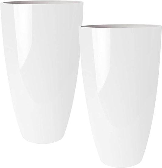 RUBBER BOND Plant Pots 2 Pack - Modern Indoor/Outdoor Planters for Home Decor - Weather-Resistant Large Flower Pots - Lightweight 22 Inches Tall Planters - White Glossy Round Pots for Plants