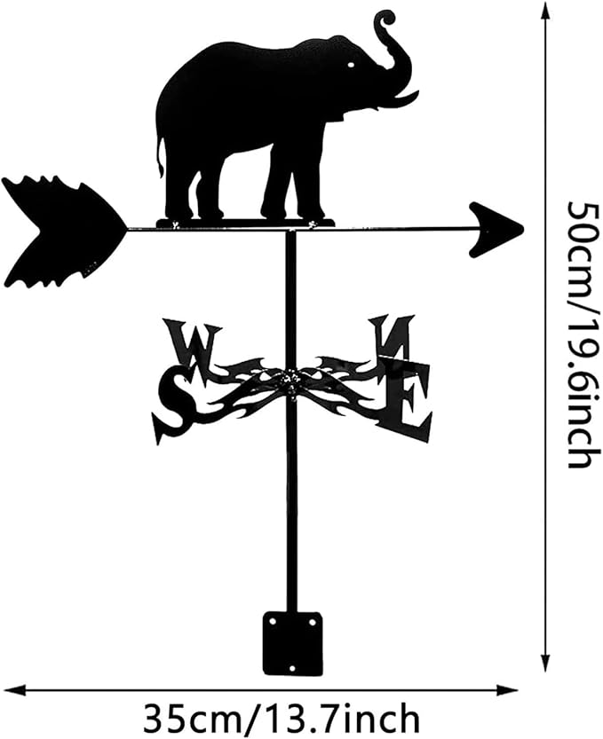Vintage Metal Weather Vane Elephant Animal Shape Design Weathervane Wind Direction Indicator Metal Bracket for Garden Yard Roof