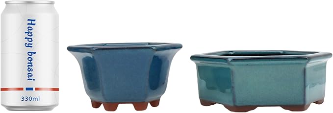 Bonsai Planter 2pc Small Succulent Glazed Pots 4.9" and 6.1" + 6 Soft Mesh Drainage Screens