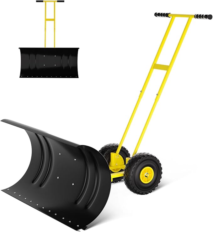 Snow Pusher with Wheels for Driveway, 29.5" Wide Heavy Duty Steel Blade, 7-Position Angle Adjustment & 60° Tilt Handle, Ergonomic Push Snow Shovel with Ground Protection for Effortless Snow Removal