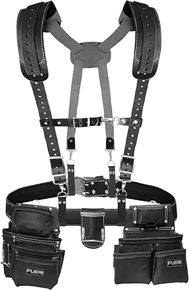 Heavy Duty 19 Pocket Leather Tool Belt Suspender Multipurpose Pockets Work Organizer Pouch Framing Fat Lip Tool Holder for Carpenter, Construction, Handyman, and Electrician Tool Belt Set