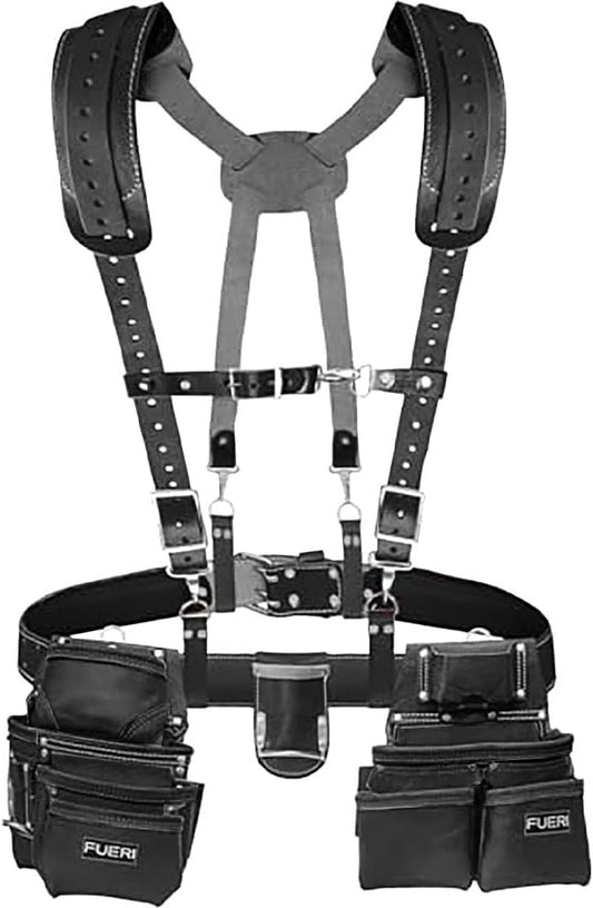 Heavy Duty 19 Pocket Leather Tool Belt Suspender Multipurpose Pockets Work Organizer Pouch Framing Fat Lip Tool Holder for Carpenter, Construction, Handyman, and Electrician Tool Belt Set