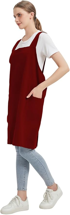 Cotton Linen Apron Cross Back Baking Cooking Gardening Apron for Women with Pockets Pinafore Dress