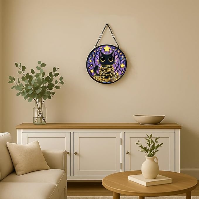 Stained Glass Window Hanging – 6.3 in Black Cat & Stars Panel with Chain， Bathroom Front Door Living Room Garden Decor， Gift for Mom Wife Lovers