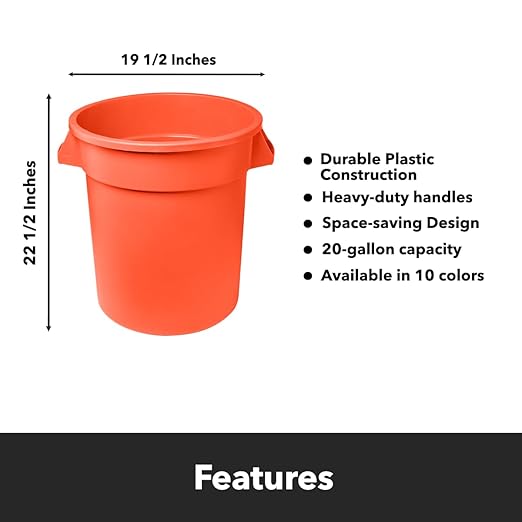 Feed and Seed Storage Container, 20 Gallon Orange Round Commercial Trash Can/Ingredient Bin, Food Storage Plastic Bin, Use in Agricultural, Gardening, or Household