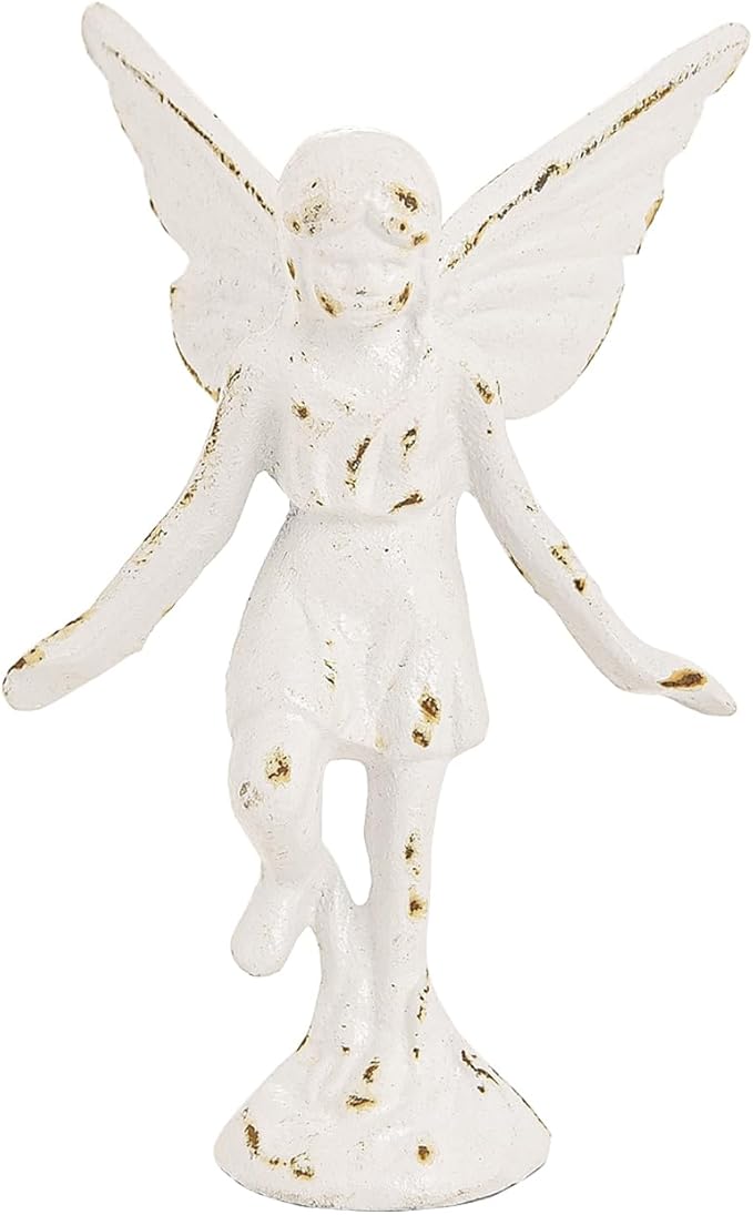 Sungmor Cast Iron Angel Statue, Rustic White Playful Fairy Figurines, Creative Angel Pixie Collection Home Office Desk Decor, Indoor Outdoor Fairy Garden Accent Ornament