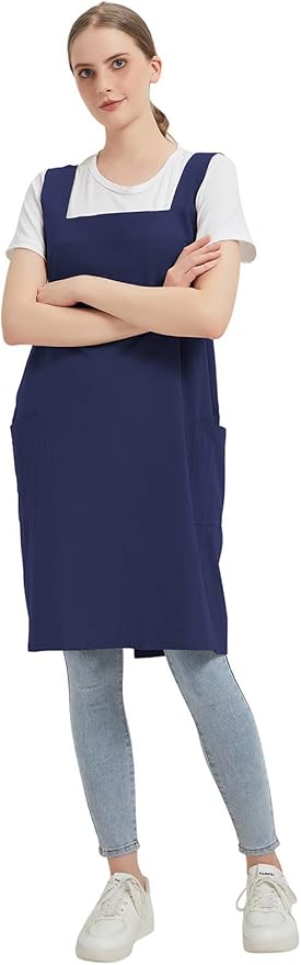 Cotton Linen Apron Cross Back Baking Cooking Gardening Apron for Women with Pockets Pinafore Dress