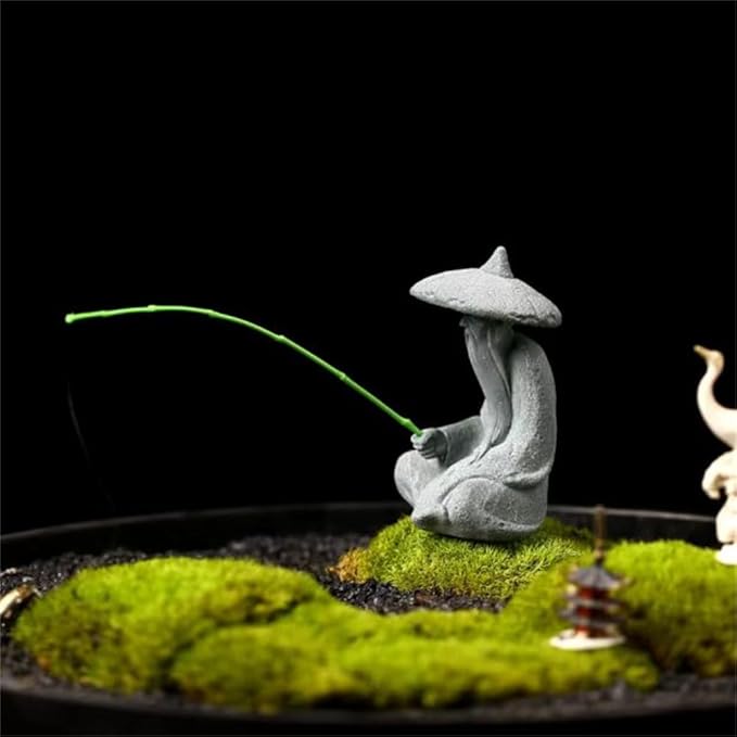 livelyfish Mini Fisherman Statue Asian Zen Decoration Sitting Fishing Figurines Sandstone Vintage Ornament for Aquarium Fish Tank Pot Garden Home Japanese Decor,D