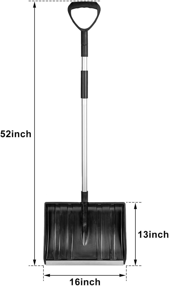 Large Portable Snow Shovel for Driveway, Sidewalk, Decks: Snowshovel 52-Inch Extended Lightweight Snow Shovel for Snow Removal with Ergonomic D-Grip Handle and Aluminum Blade for Car, Camping Black