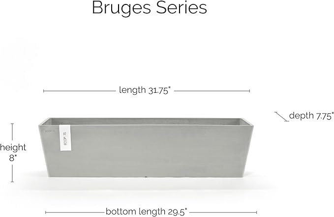 Ecopots Bruges Durable Modern Rectangular Indoor/Outdoor Recycled-Based Composite Flower Pot Planter, White Grey, 31.5"