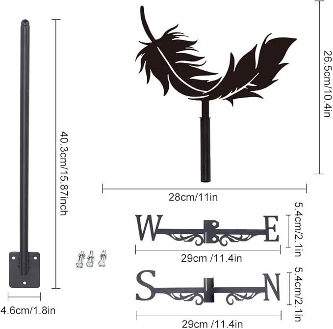 SUPERDANT Feather Weather Vane for Roof Mount Metal Weathervane Wind Vanes for Outside Roof Decor Black Wind Decorative Signs for Farmhouse Yard Farm Barn Sheds Garden Patio Decorations