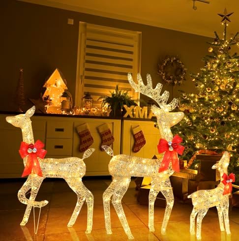 VINGLI Lighted Reindeer Christmas Decoration 3-Piece Deer Family Set for Outdoor Decor, Pre-lit 270 LED Christmas Deers for Outdoors Yard Ornament with Stakes, Zip Ties-Gold