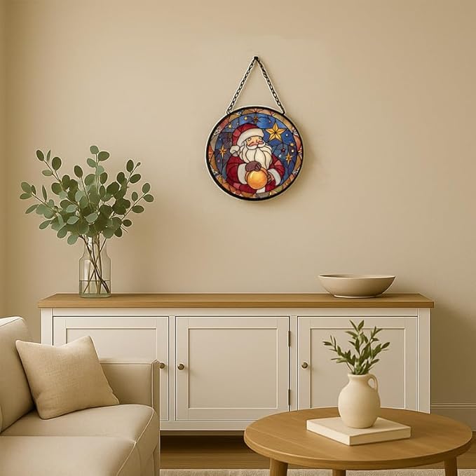 Stained Glass Window Hanging – 6.3 in Santa Claus Panel with Chain， Bathroom Front Door Living Room Garden Christmas Holiday Decor， Gift for Mom Wife Lovers
