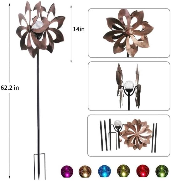 NUENUN Wind Spinner Outdoor Metal - Multi-Color Seasonal LED Lighting Solar Powered Glass Ball with Kinetic Wind Spinner Dual Direction for Patio Lawn & Garden (New Coffee Color)