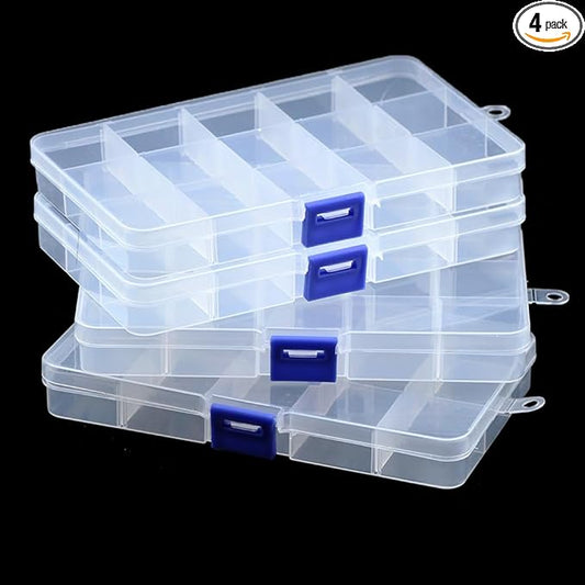 4 Pcs 15 Grids Clear Organizer Box Plastic Storage Container with Fixed Dividers Blue Buckle for Electronics Jewelry Beads Art DIY Crafts Fishing Small Parts