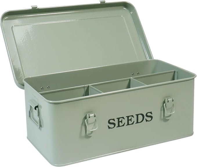 Garden Seed Box, Green Metal Seed Storage Box, Seed Storage Organizer Case with 4 Dividers, Seeds Packet Container for Gardening, Seed Envelope Storage Box with Portable Handle & Safety Lock